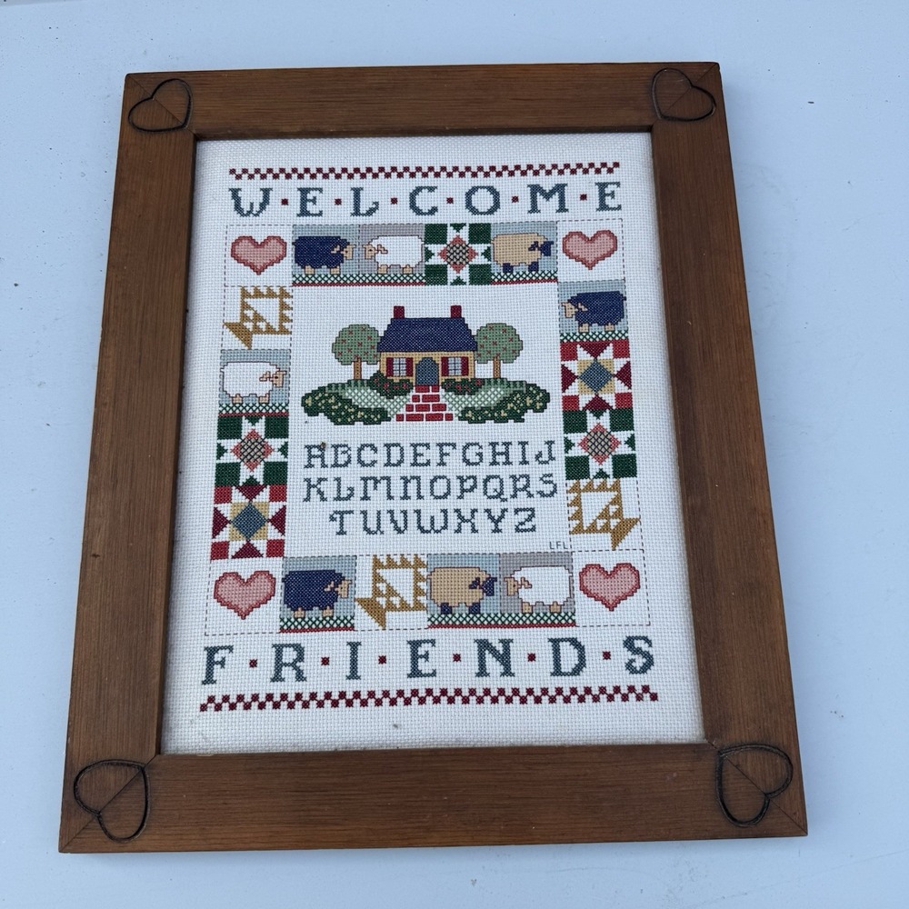 Cross Stitched Sampler Welcome Friends‎ Vtg Framed Wall Decor Finished Heart
